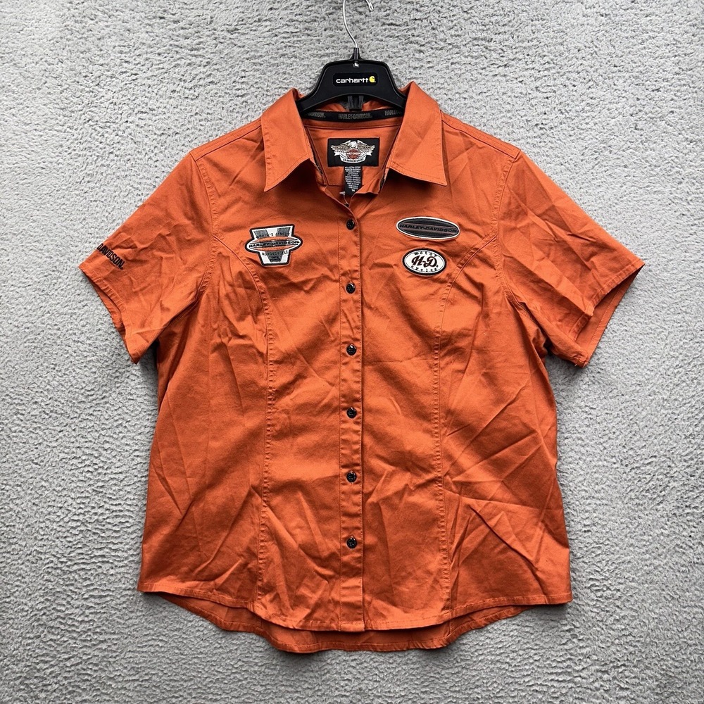 Harley-Davidson Women's Orange Mechanic Button Up Short Sleeve Shirt 1W Patch